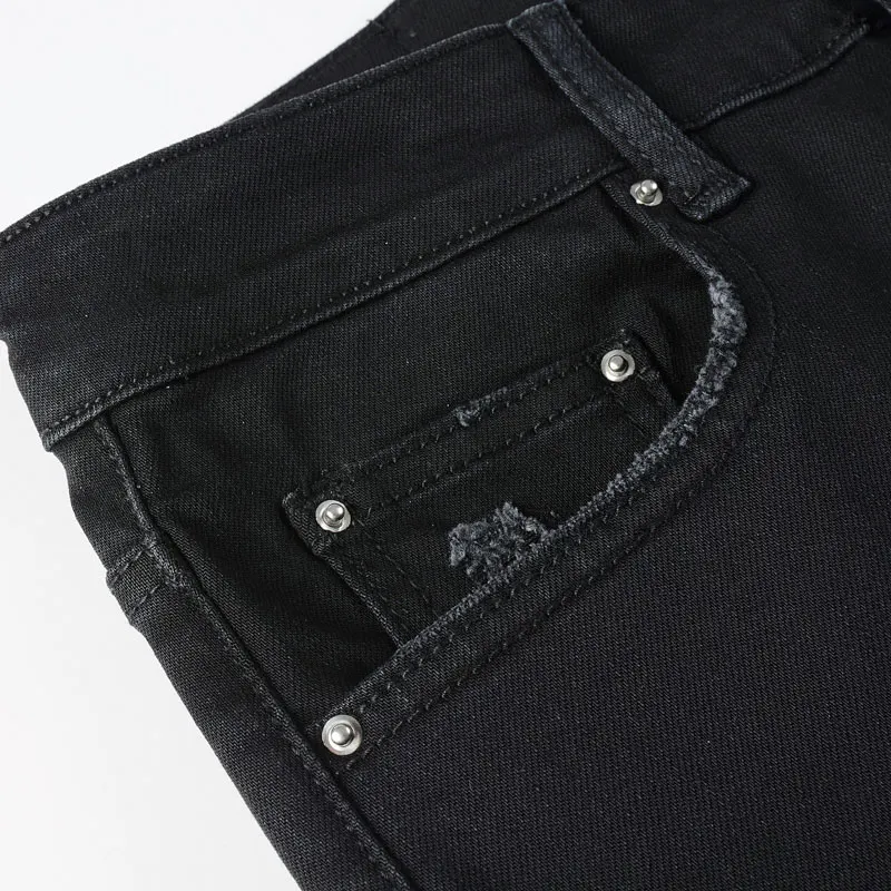 Y2K designer men's jeans with patchwork patches, elastic slim fit, washed black jeans, high street designer hip-hop brand pants,