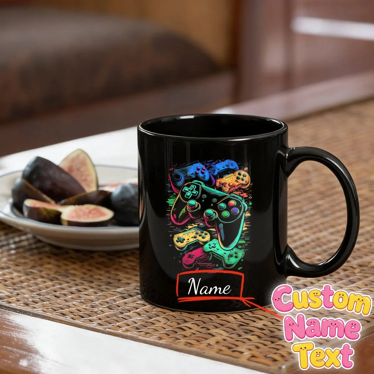 Custom Name) Personalized gaming mug with a custom name, perfect for gamers. This 11-ounce black ceramic mug features colorful p