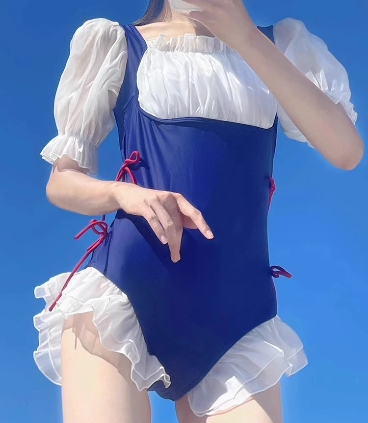 ワンピース水着 レッド スイートボウ 気質 スクエアカラー 2025 新作 夏 女の子 可愛い フリル プールパーティー 海辺 ブルー 水着