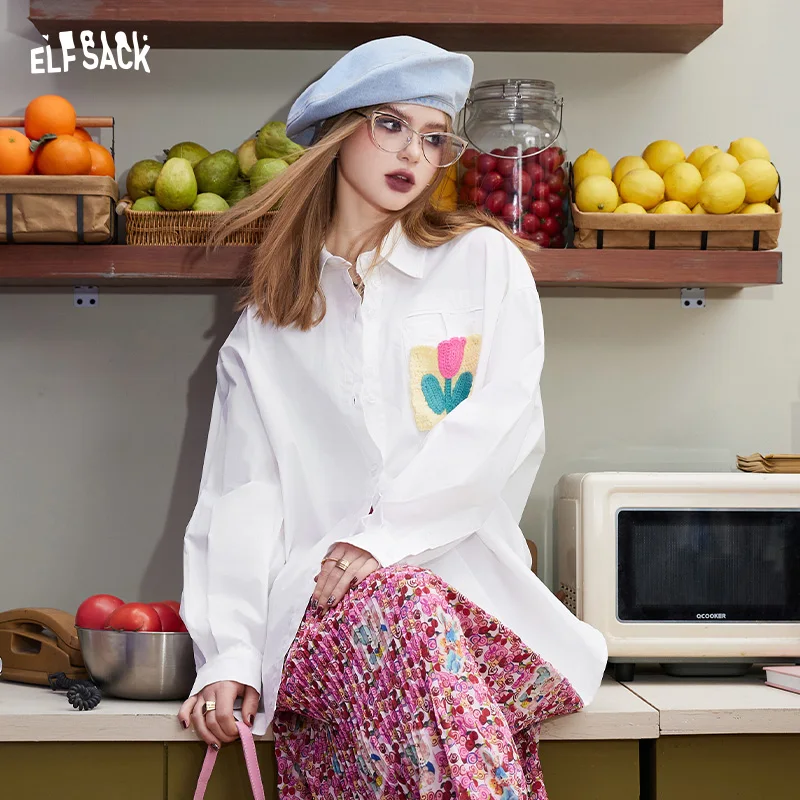 엘프삭 2025 여름 신상 데일리 루즈핏 캐주얼 그래픽 블루 긴팔 셔츠 (여성용)
