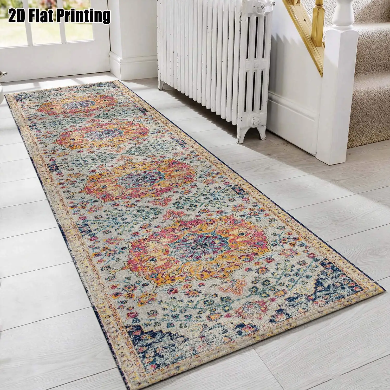 1Pc 2D Printed Long Strip Rug: Pink-Blue Floral Geometric Pattern, European/Bohemian/Vintage/Simple Style, Home Decor, Multi-Size, Machine Washable, for Entrance, Hallway, Bedroom, Kitchen