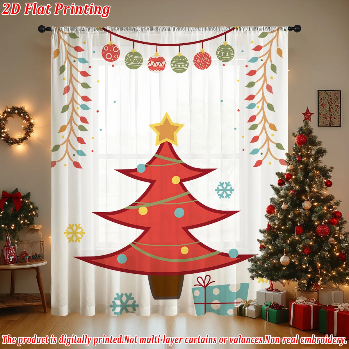 Christmas Flat Printing Sheer Curtain with Christmas Trees Gift Box Snowflake for Living Room Bedroom Decor Holiday Party