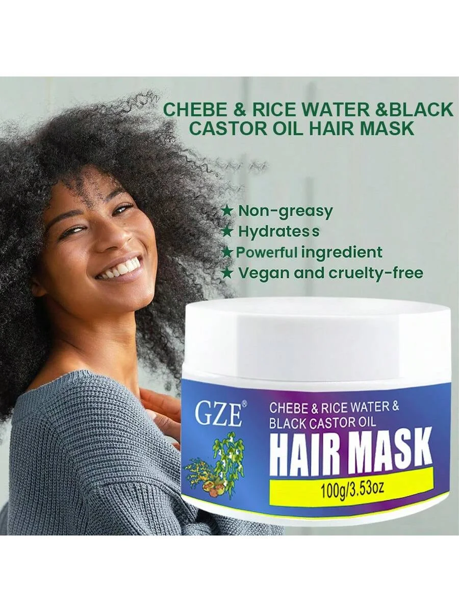 GZE Chebe Butter with Rice Water & Black Castor Oil Hair Cream, Strengthens Thickens Formula, Moisturizing Hair Mask Scalp Care