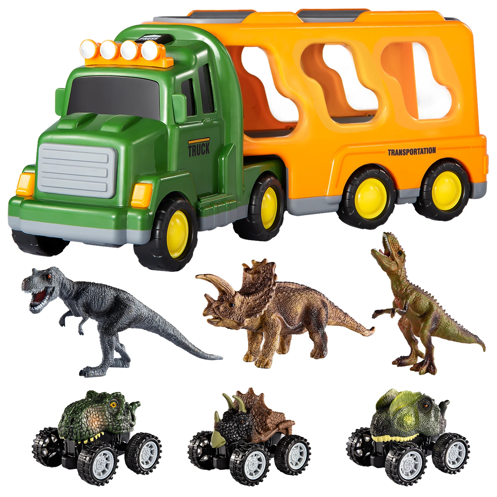 

Dinosaur Trucks Toys 7-in-1 Set, Dinosaur Carrier Truck with Pull Back Cars, Model Toys Birthday Gifts for Kids
