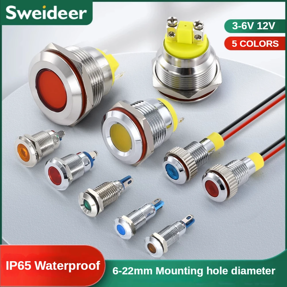 Luz Indicadora LED à Prova d'Água em Metal 6/8/10/12/16/19mm com Fio 3V 6V 12V Vermelho/Amarelo/Azul/Verde/Branco Botão Metálico