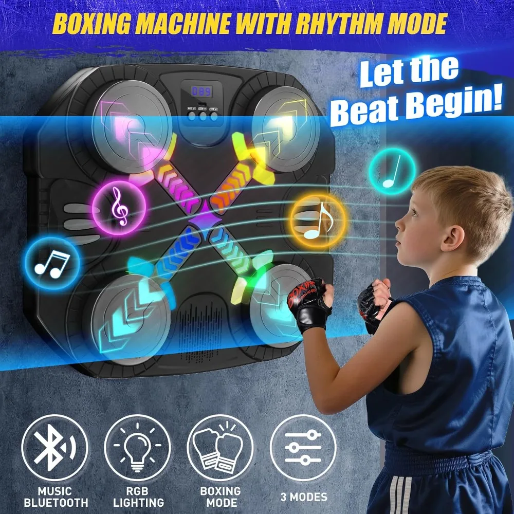 Bluetooth Music Boxing Machine with LED Lights, Punching Toy for Kids Ages 3-12, Wall-Mounted, Adjustable Speed, Gift for Boys Girls