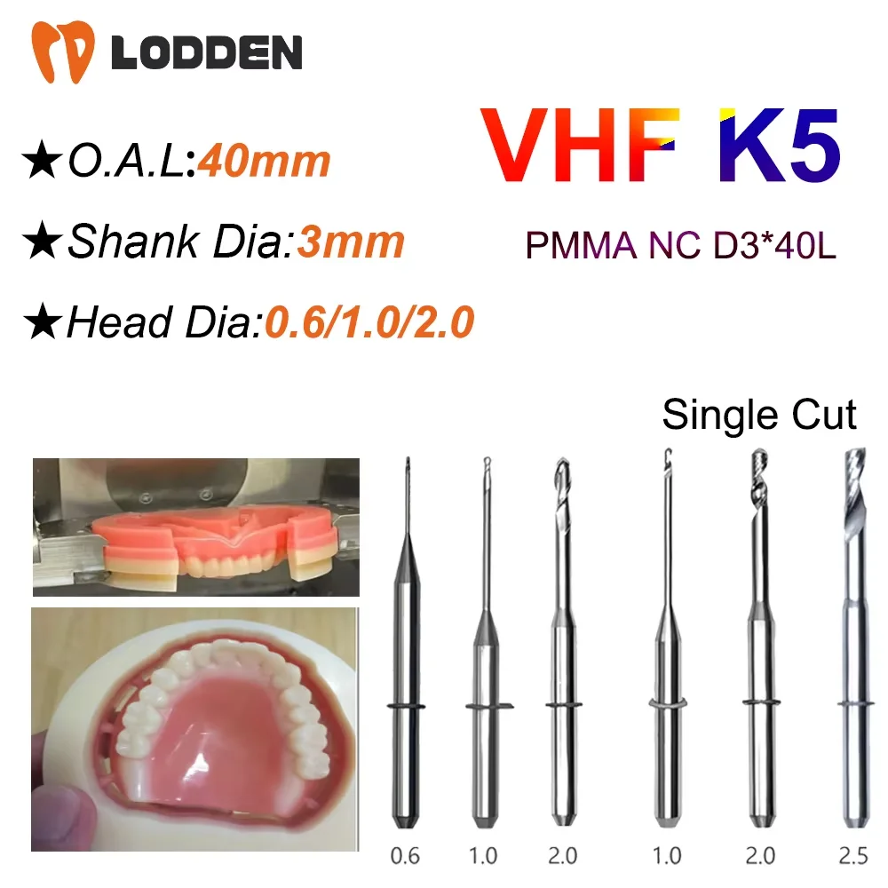 VHF K5 PMMA Milling Burs D3*40L Length PMMA NC Single Cut Set 0.6/1.0/2.0/2.5mm Drill Griding Tool for CAD CAM Cutter