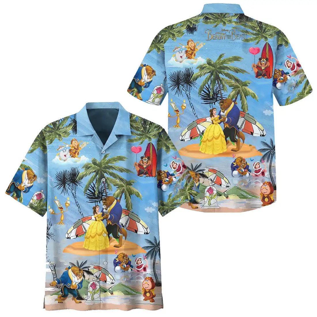 Beauty and the Beast Sketch Hawaiian Shirt Men Button Down Short Sleeve Shirt Disney Inspired Hawaiian Shirt Casual Beach Shirt