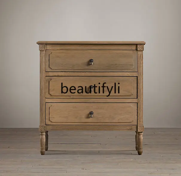 

French-style Solid Wood Bedside Table Nordic White Ash Wood Bedroom Storage Cabinet American Retro Bedside Cabinet