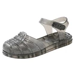 Solid Color Fashion Children Transparent Sandals Girls Outdoor Breathable Kids Buckle Flat Shoes Non Slip Waterproof Hollow Out