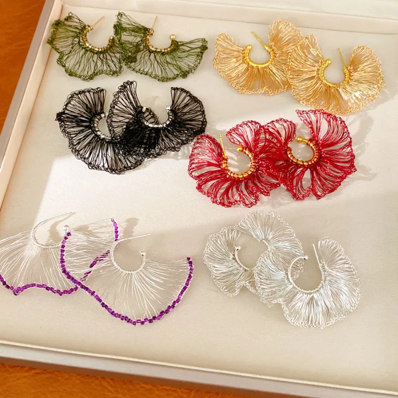 Handmade Wire Woven Fan Shape Hoop Earrings Bohemian Irregular C Shape Earrings Fashion Women Holiday Party Jewelry
