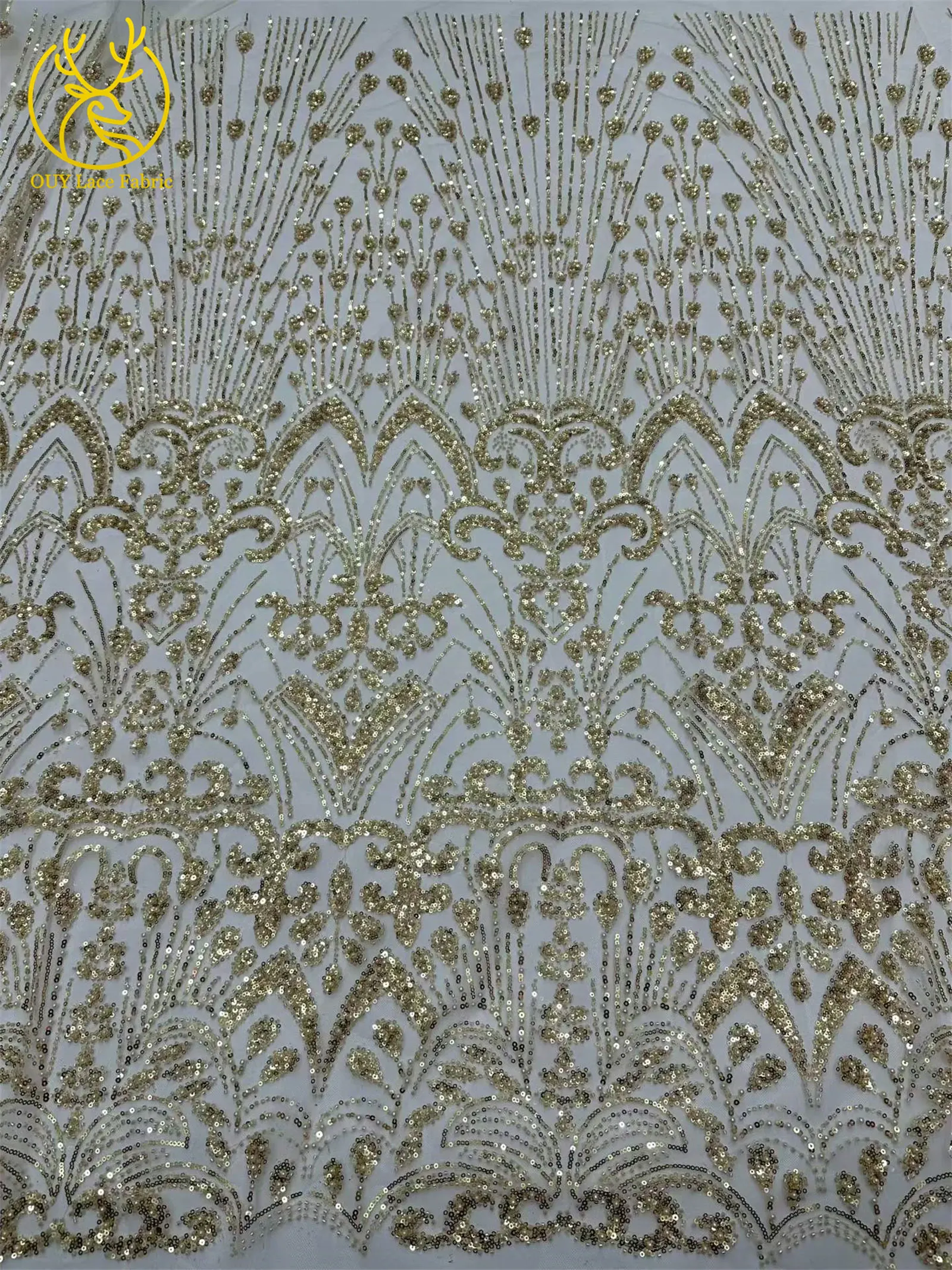 Goldener Luxus-Spitzenstoff mit Perlen und Pailletten, 5 Yards, afrikanischer Spitzenstoff, hochwertiger nigerianischer Netzspitzenstoff für Partykleider und Näharbeiten – Detail 14