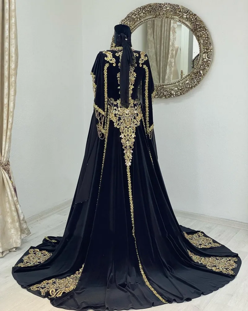 Hunter Green Burgundy Velvet Prom Formal Dress with Cape Jacekt Moroccan Caftan Gold Lace Beaded Kaftan Arabic Evening Gown