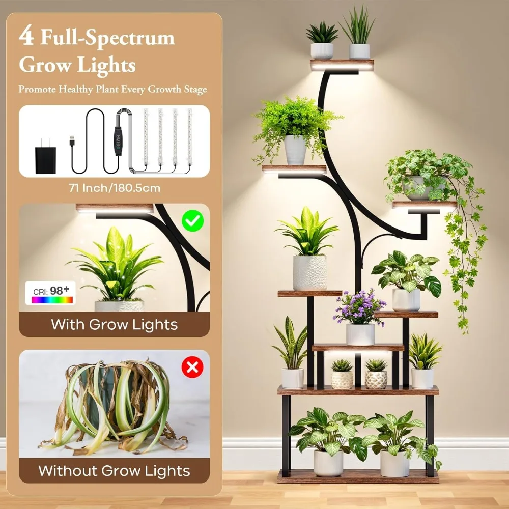 حامل نباتات داخلي مطور لعام 2026 مع 4 مصابيح للنمو، 3 ألوان، رف 8 طبقات، حامل معدني طويل 63 بوصة للنباتات المنزلية #3