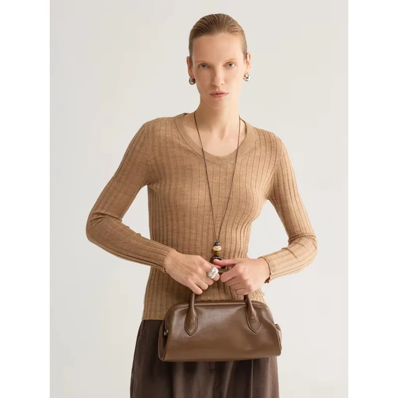 2026 Fall Women U-Neck 100% Pure Wool Seamless Ribbed Knit Sweater Slim Fit Layering Base Top Minimalist Commuter Knitwear