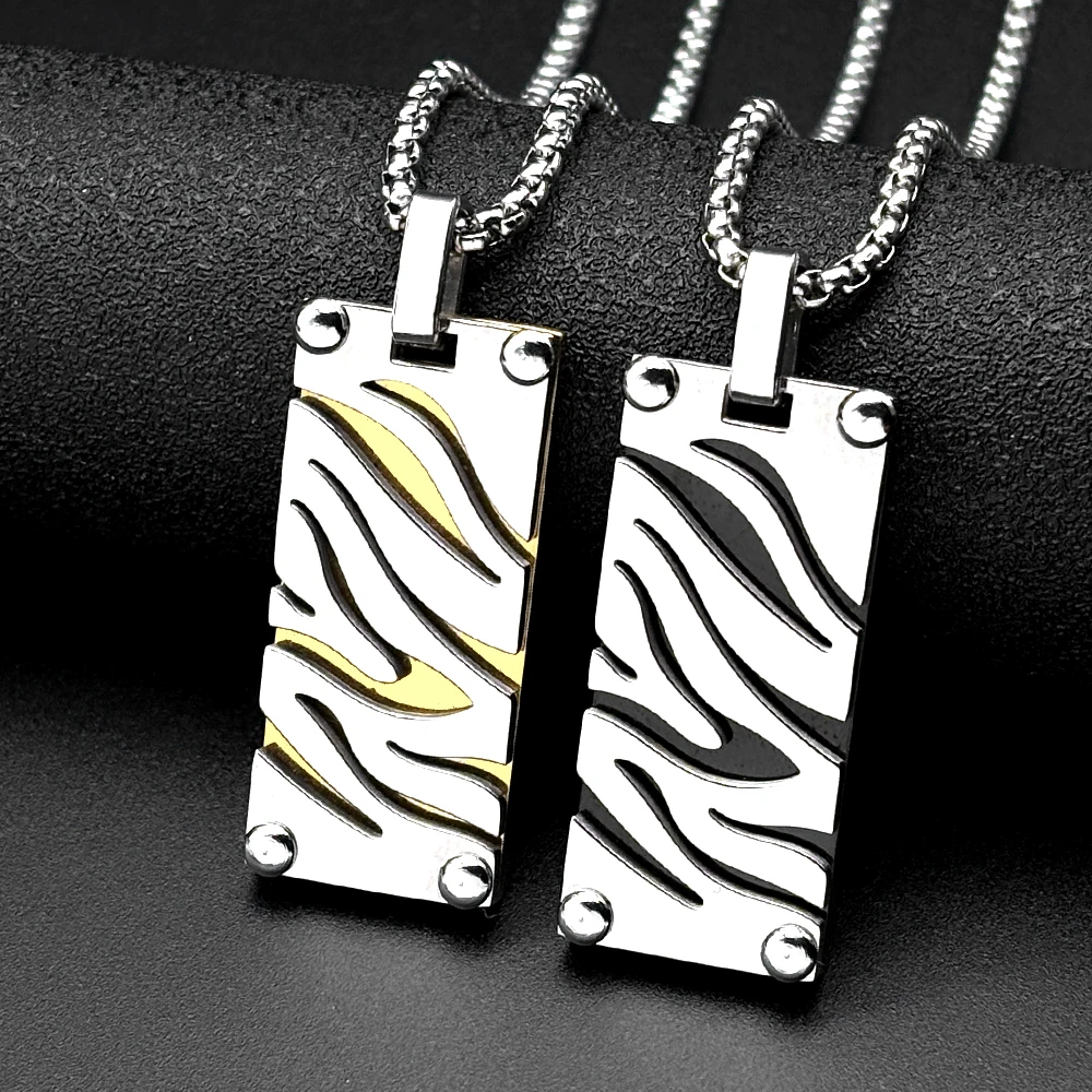 Hip Hop Stainless Steel Two-Tone Hollow Geometric Zebra Print Dog Tag Pendant Necklace for Men Male Punk Chain Jewelry Gift