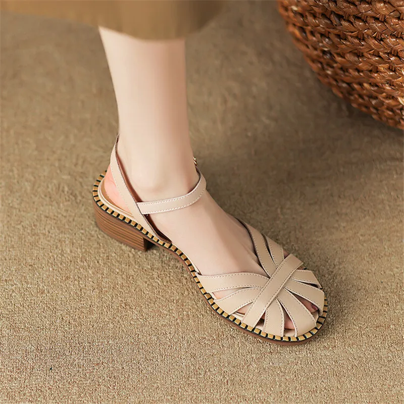 French Vintage Summer Sandals Women Shoe Round Toe Chunky Heel Sandals Shoes for Women Handmade Hollow Out Sandals Zapatos Mujer