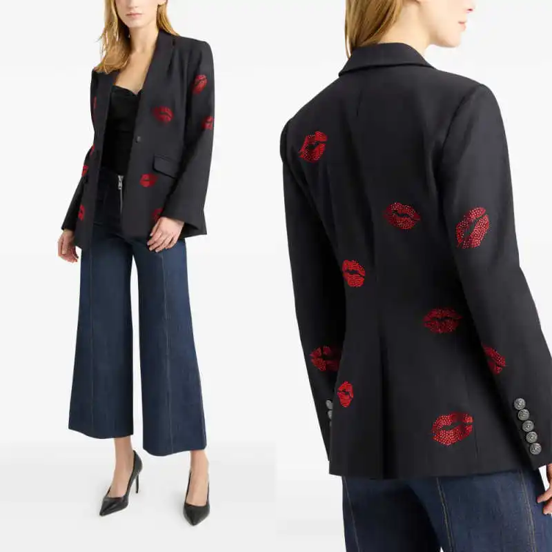 

Elegant Red Lip Print Women Suits 1 Pieces Jacket Peaked Lapel Diamond Lady Daily Commute Formal Occasion Customized