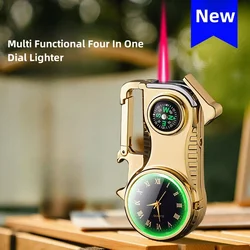 Multifunctional Compass with Dial Butane Gas Lighter Windproof Red Flame Portable Metal Outdoor Cigarette Lighter Gift for Men