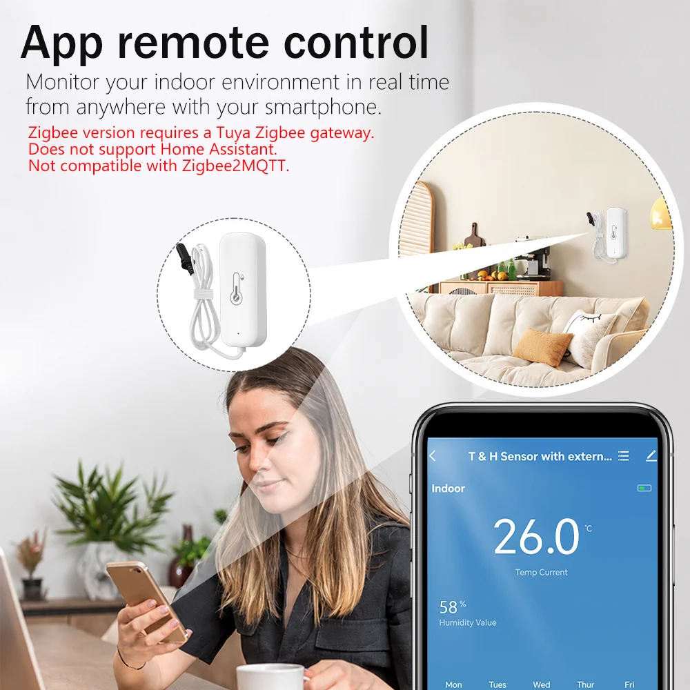 Tuya Zigbee Temp&Humidity Sensor 1m Wire External Probe Smartlife Thermometer Smart Home Water Pool Thermostat Remote Alarm