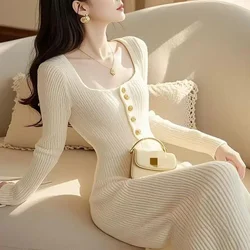 Elegant French Women Square Collar Knitted Sweater Dress 2024 Autumn Winter Yellow Golden Buttons Slim Stretch Long Vestidos