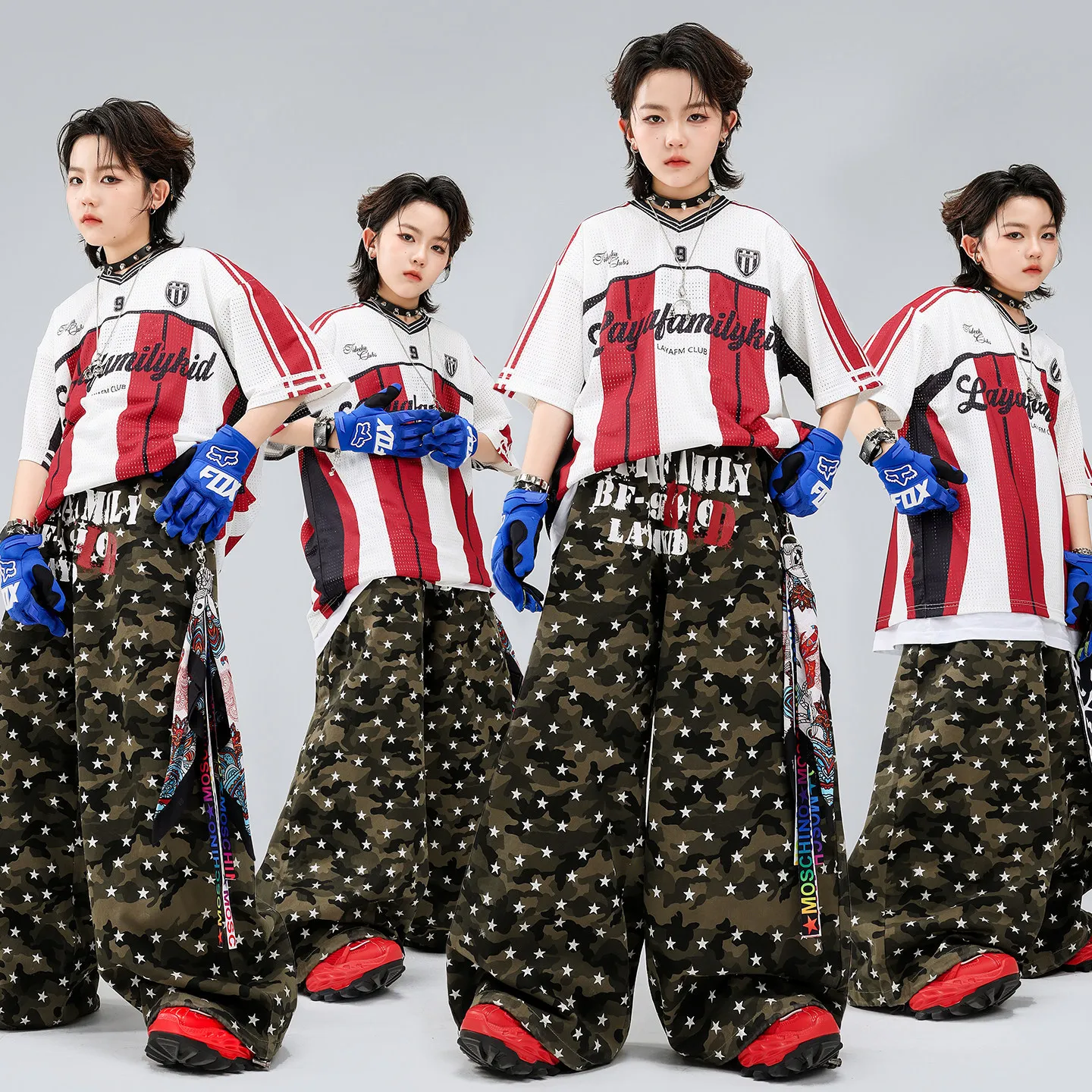

Kid Kpop Hip Hop Clothing Red White Striped Mesh Jersey T Shirt Camo Stars Wide Pants for Girl Boy Street Dance Costumes Clothes