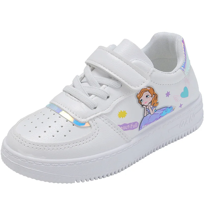 Disney Casual Shoes Girls\' Soft Soles Fashion Breathable Sports Children\'s Princess Ariel PU Leather Children\'s White Pink Shoes