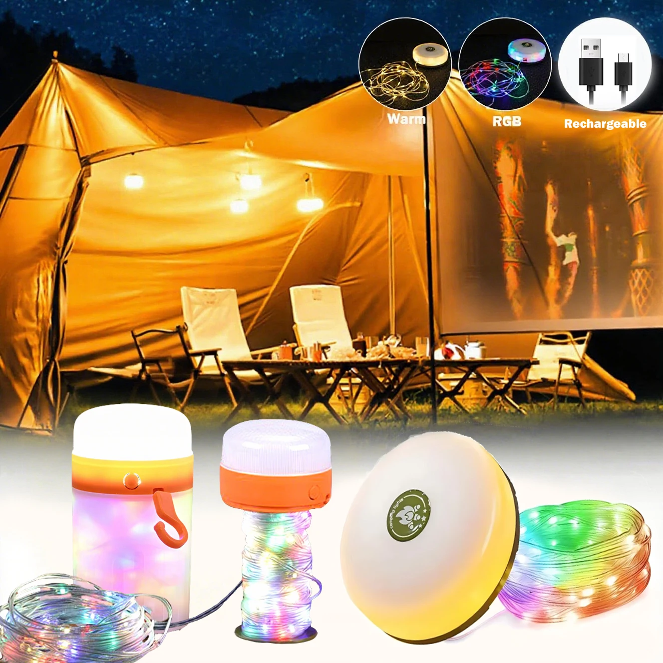 10 メートル屋外 LED キャンプストリングライト充電式ポータブル収納可能なキャンプランプテントハイキングガーデンバーベキューパーティーの装飾照明