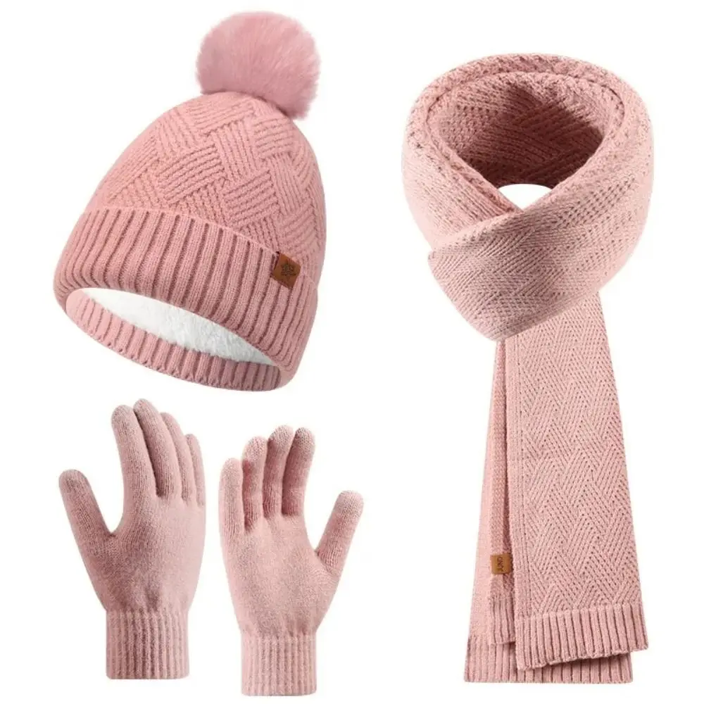 Gorro con forro polar de Color sólido, conjunto de guantes y bufanda, gorro de punto térmico grueso de lana, gorro suave y sencillo para invierno, clima frío, 3 uds.