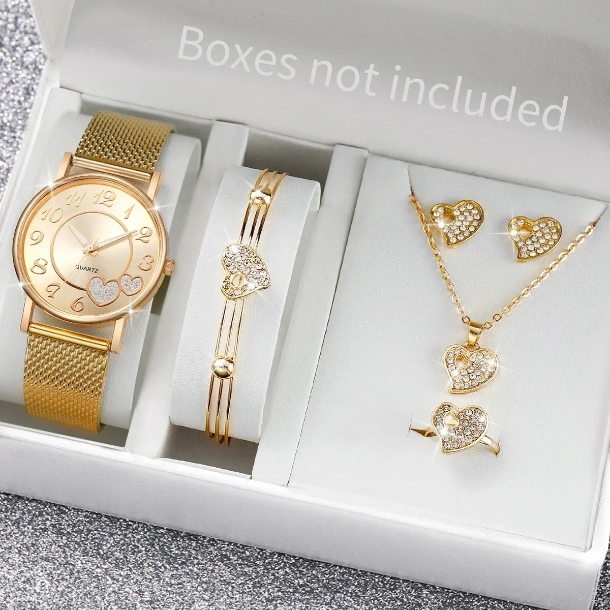 3/5Pcs Butterfly Watch Jewelry Set Women Rose Gold Mesh Quartz Wristwatch Crystal Butterfly Necklace Earrings Bangle Ring Gift