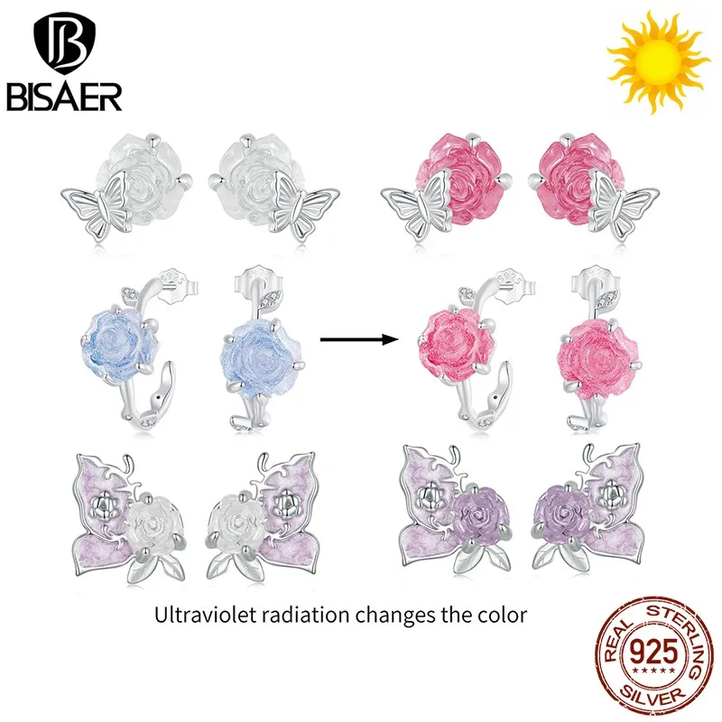 BISAER 925 Sterling Silver Luminous Flower Stud Earrings Glow-in-the-dark Earrings Plated White Gold For OL Woman Fine Jewelry