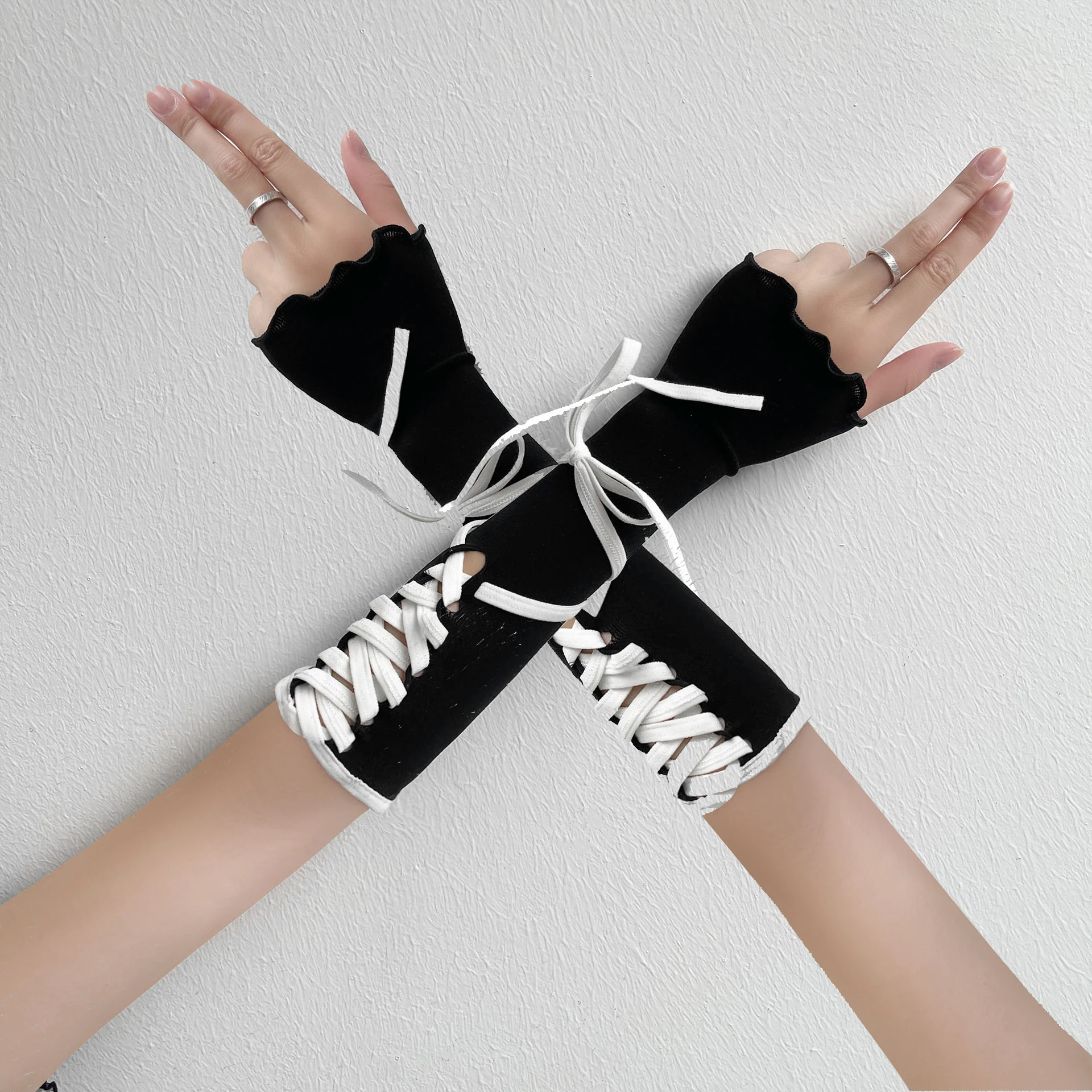 渋谷系ホットティーニットタイスリーブ Y2K パンクスタイル レーススイートハンドスリーブ JK ロリータハンドアクセサリー ショッピング デート用スリーブ