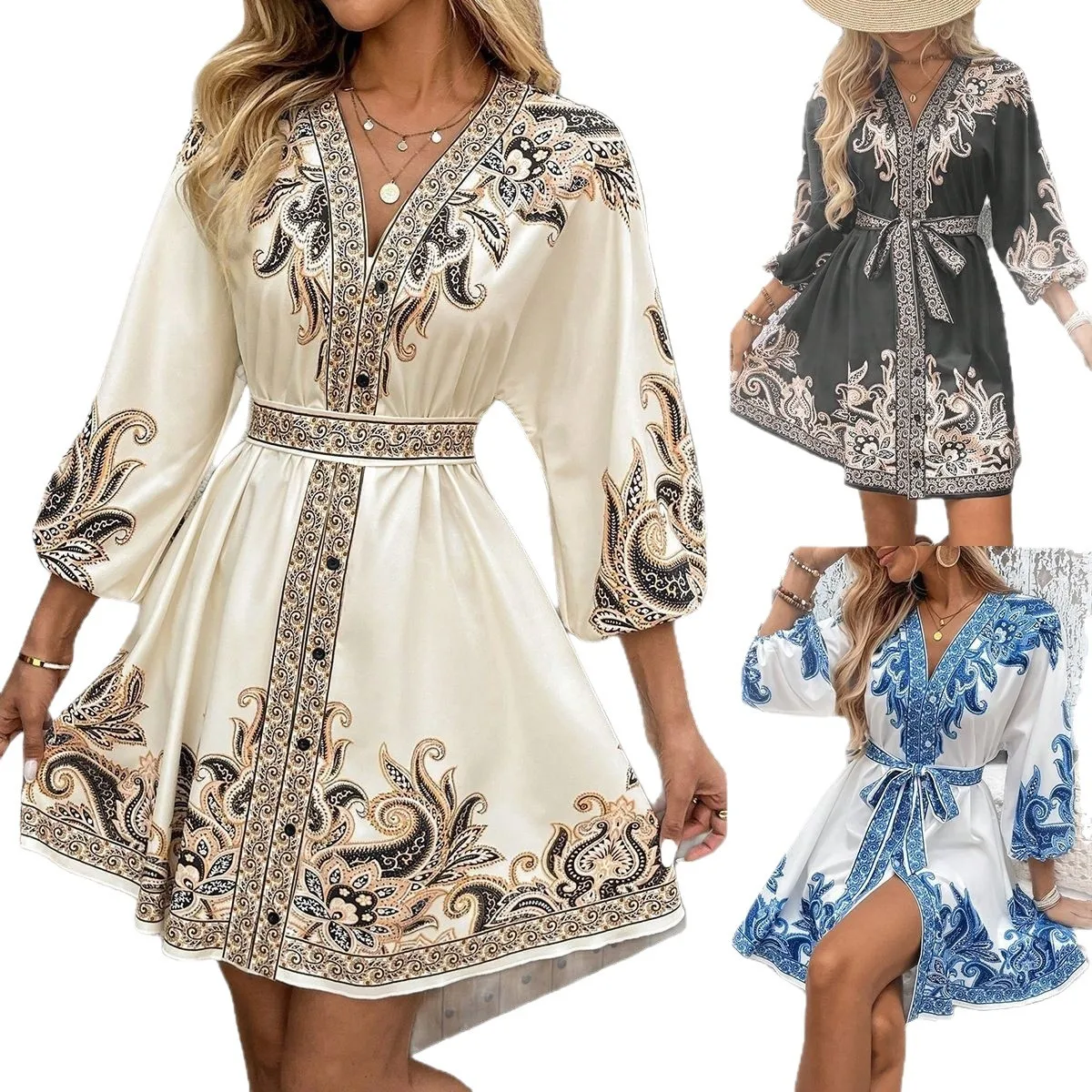 V-neck Long Sleeved Embroidered Pattern Silk Waist A-line Skirt Ethnic Minority Vacation Style Luxurious Elegant Party Dress