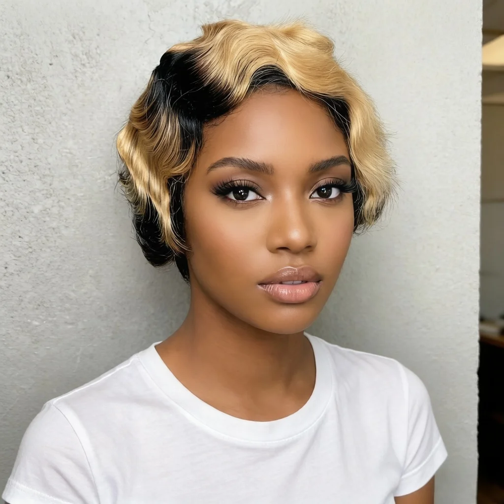 1B27 Finger Wave Human Hair Short Pixie Cut Wig Natural Look For Women Full Machine Made Wig