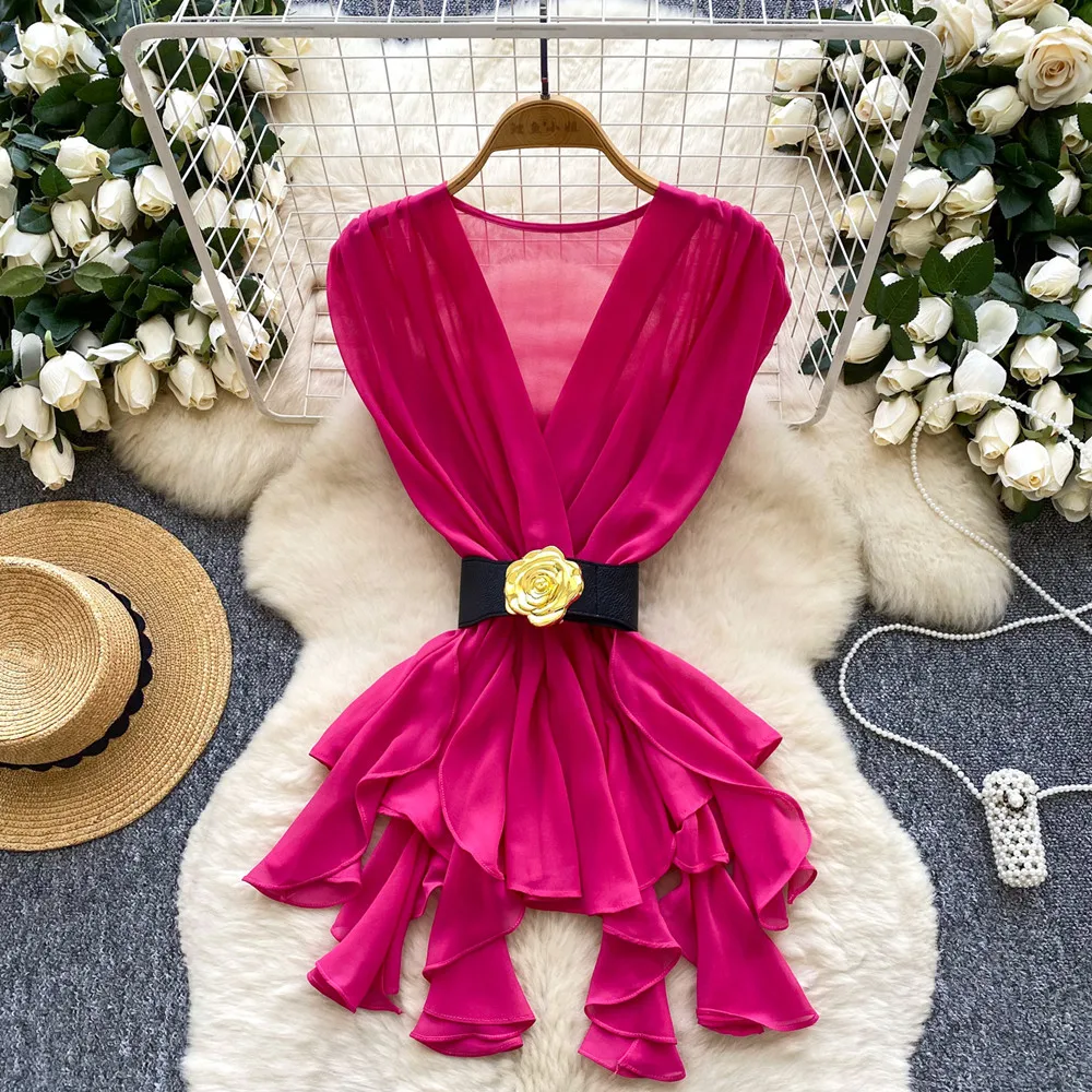 

V-neck Vintage Vintage Corset Lacing Sleeveless Shirts Female 2025 Summer New Fashionable Irregular Slim Top Tee Women Clothes