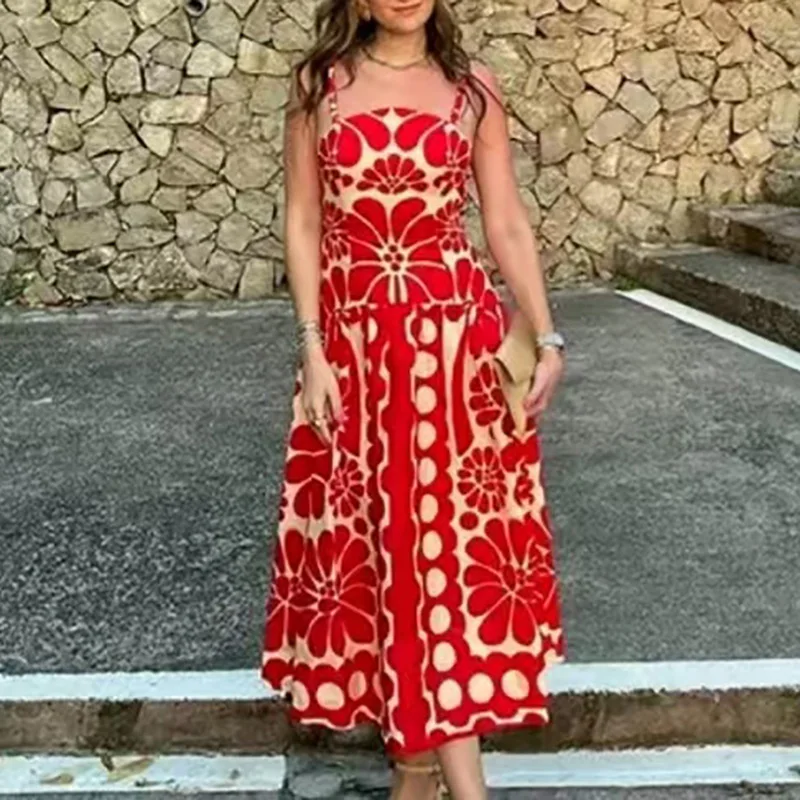 

2025 Women Pattern Print Draped Swing Long Dress Chic Summer Party Dress Ladies Elegant Square Collar Spaghetti Beach Dress