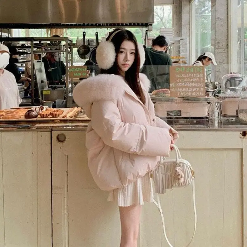 

New Woman Hooded Cotton-Padded Jacket Winter Big Fur Collar Fashion Keep Warm Coat Sweet Fresh Fluffy Thicken Zipper Girl Jacket