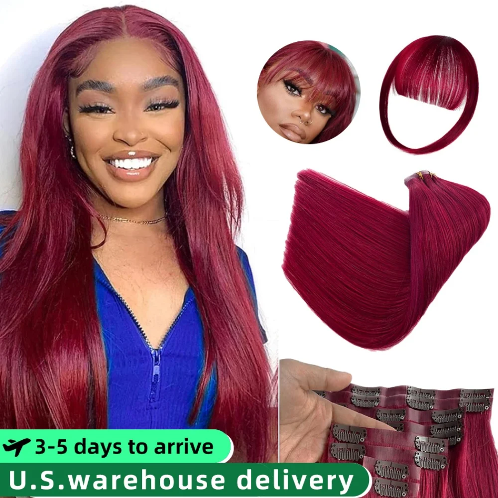 Gerade Clip-in-Echthaarverlängerungen, 99J, Burgunderrot, 35,6–61 cm, brasilianisches Remy-Haar, Clip-in, 100 % unbehandeltes Echthaar, 7–10 Stück, 70/140 g