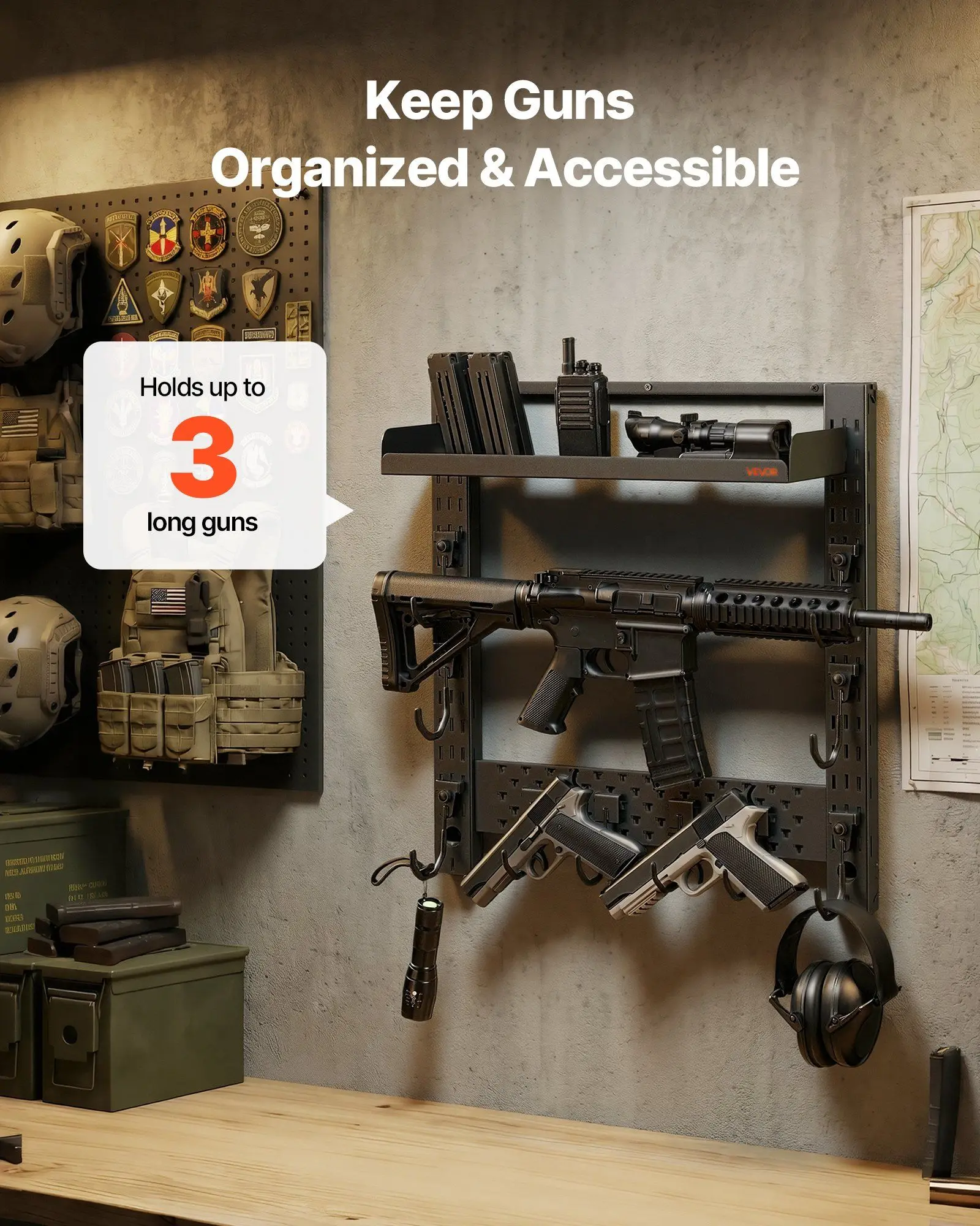 Gun Rack Wall Mount, Heavy Duty Steel, Indoor Rifle Shotgun Rack with J-Hooks, Additional Tray Storage, Gun Accessories Display
