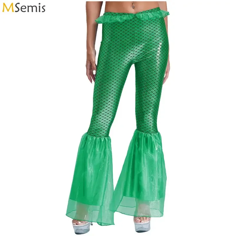 

Womens Mermaid Cosplay Trousers Metallic Flare Pants Organza Fish Scale Print Leggings for Theme Party Halloween Cosplay Costume