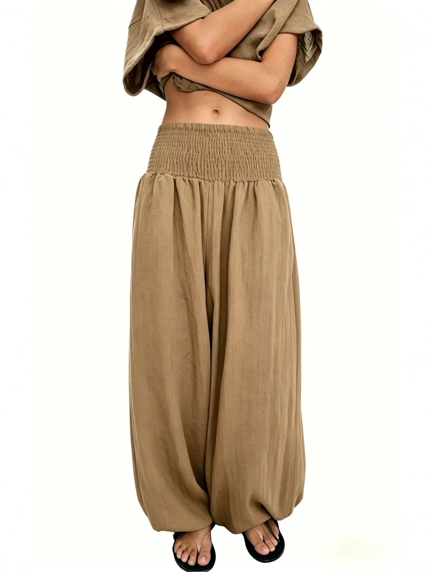 Women Summer Vacation Vertical Crinkle Cotton Linen Blend Lantern Pants, Elastic Smocked High Waist Loose Lazy Fit Trousers