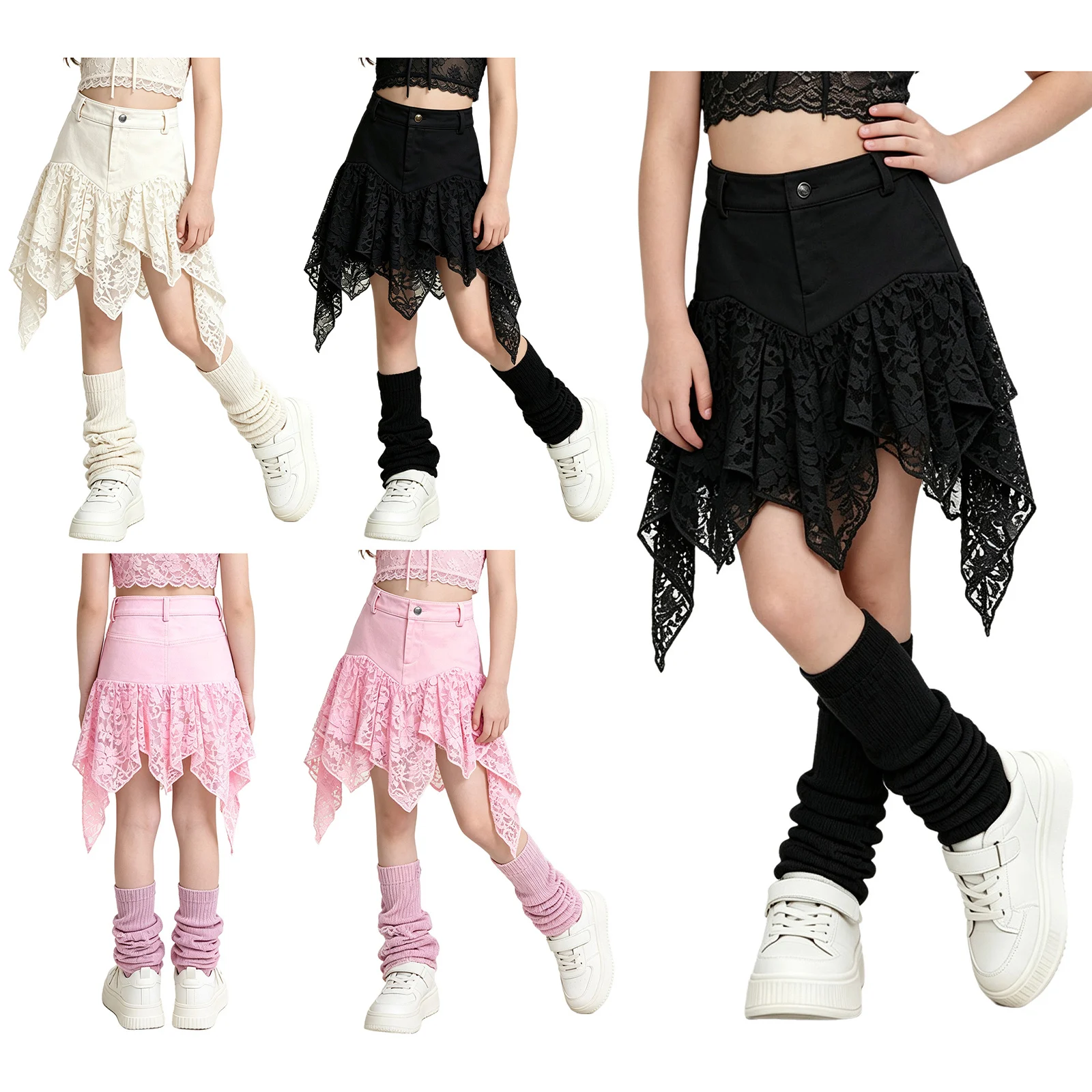 Lace Patchwork Mini Skirts Kids Girls Summer Trend Zipper Fly Irregular Flowy Sweet Girls Y2K Style Elegant Bottoms Streetwear