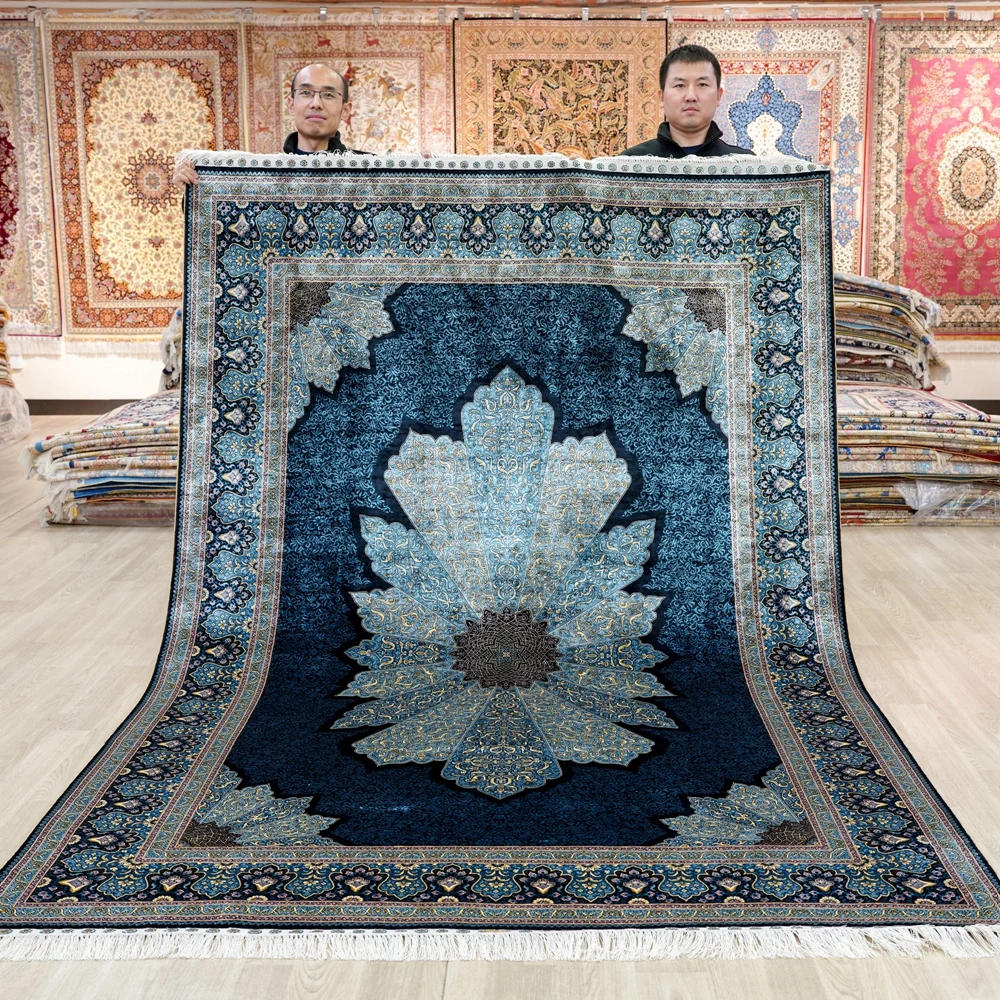 183x274cm Hereke Oriental Silk Rug Ocean Blue Antique Turkish Handmade Carpet (TJ702A)