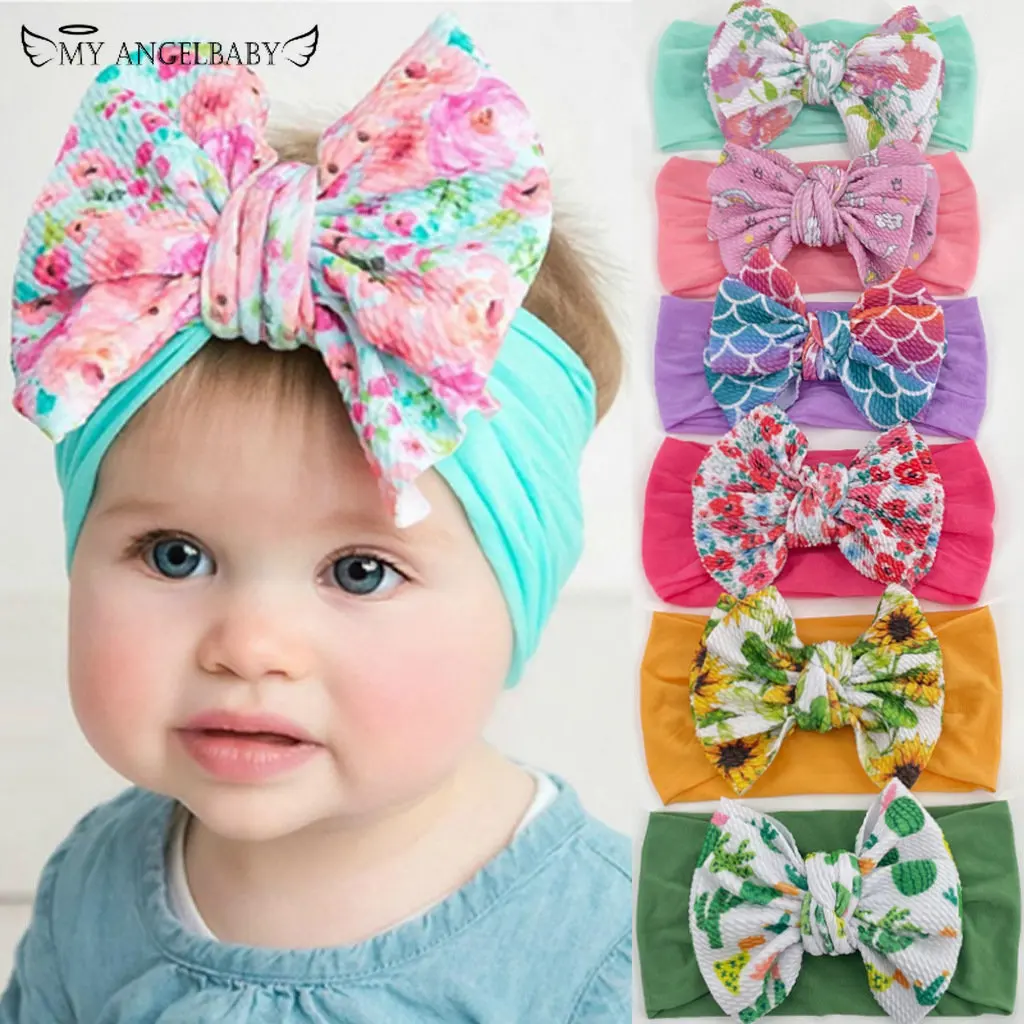 New Kids Printed Big Bow Nylon Headband Soft Elastic Hair Accessories Baby Bow Print Head Cover Bandana Newborn Baby Products