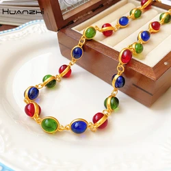 HUANZHI Vintage Colorful Oval Resin Beade Necklace for Women Fashion Party Retro Personalized Jewelry Accessories 2023 Gifts
