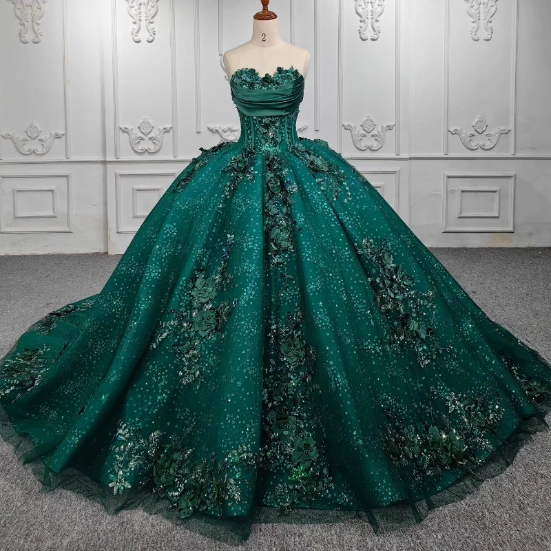 

Blackish Green Ball Gown Quinceanera Dresses Off The Shoulder Sequined Appliques Flower Beads Tull Vestidos De 15 Años Sweet16