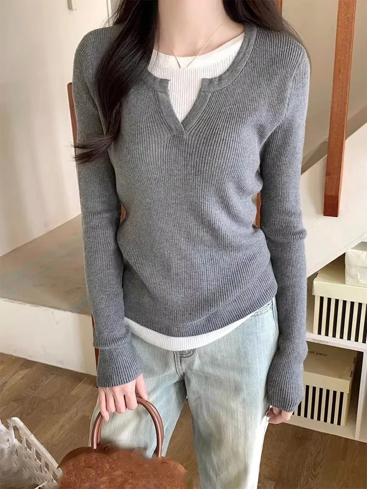 تيشيرتات كورية مزيفة مكونة من قطعتين بأكمام طويلة تي شيرت محبوك 2025 Ropa Mujer ملابس نسائية للخريف برقبة دائرية