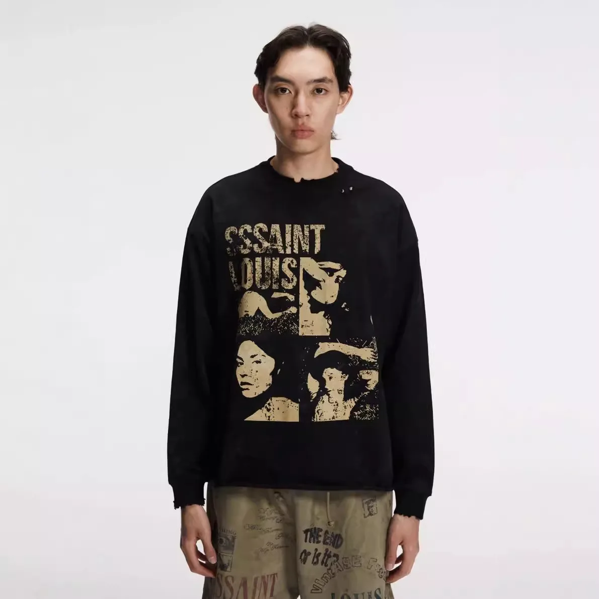 Sssaint Louis Portrait Lettering Heart Graffiti Print Washed Vintage Damaged Casual Men's and Women's Long-Sleeved T-Shirt