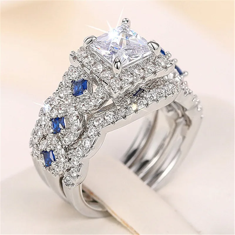 3 unids/set 925 anillos de plata esterlina corte princesa azul CZ conjunto de joyería para fiesta de compromiso de boda de lujo para mujer accesorio de moda