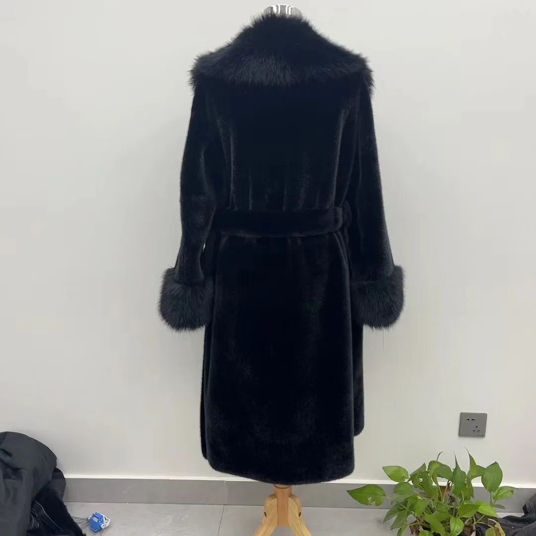 Winter women fake fur coat long with belt warm faux fur coat fashion 2024 new mink fur coat